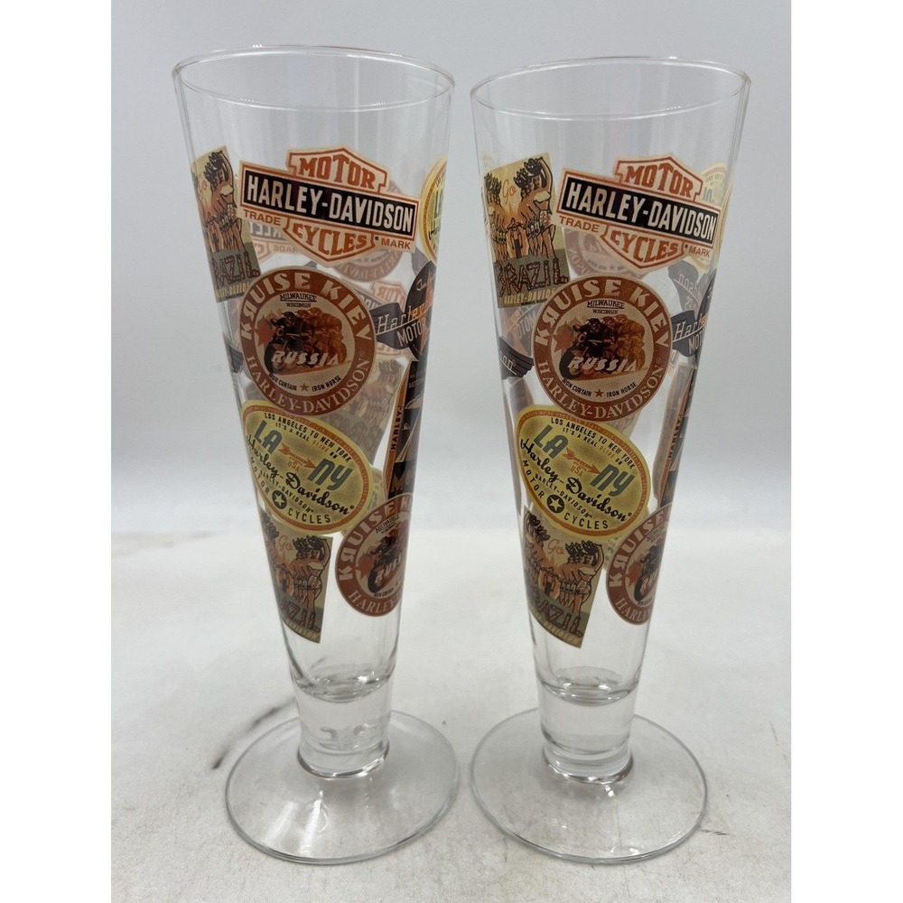 Harley-Davidson Pilsner Glasses Set of 2 Clear 9" Logo Motorcycle Barware Decor